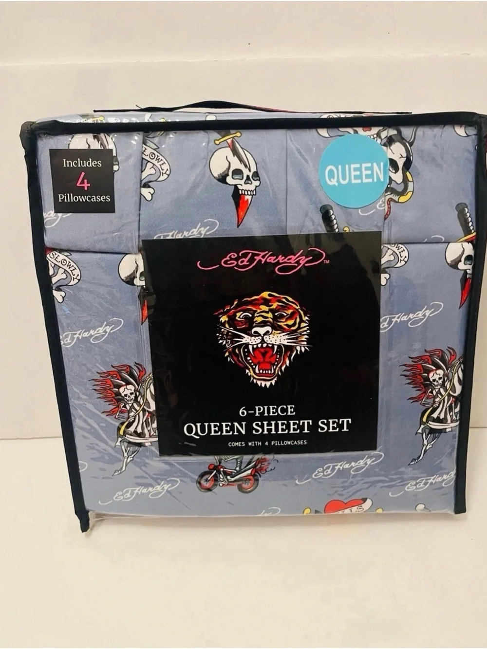 Ed Hardy Blue 6 Piece Queen Size Sheet Set Motorcycles Skulls Love Kills Slowly